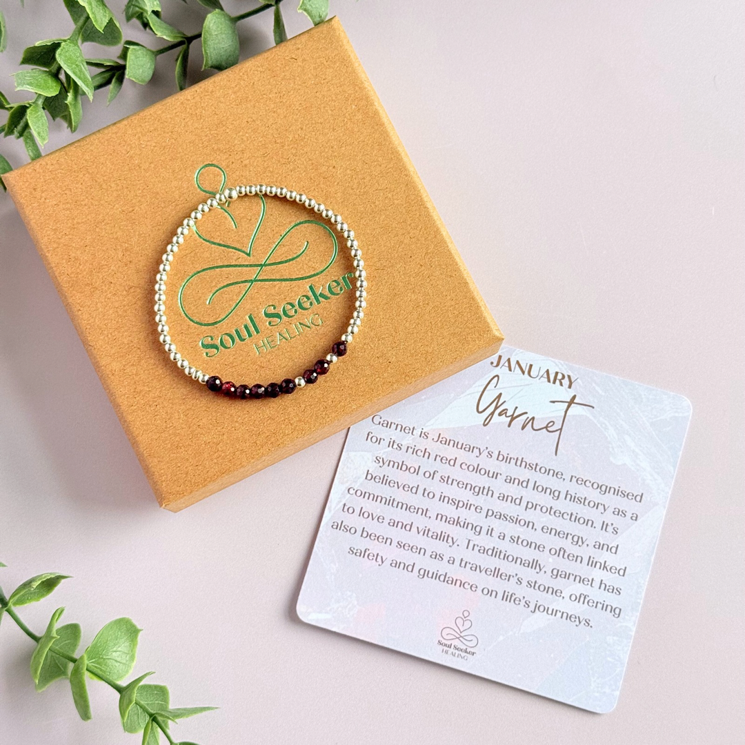 Garnet January Birthstone Morse Code Custom Made Sterling Silver Bracelet