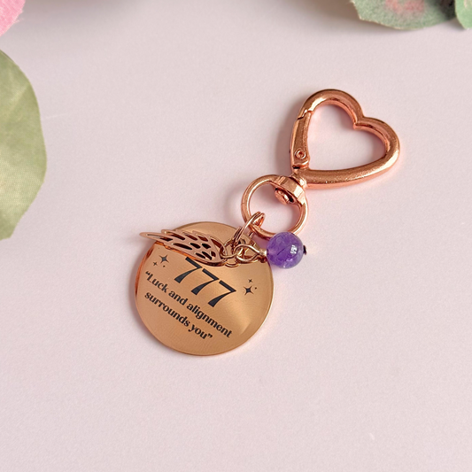 777 Angel Number Keyring / Bag Charm With Optional Crystal