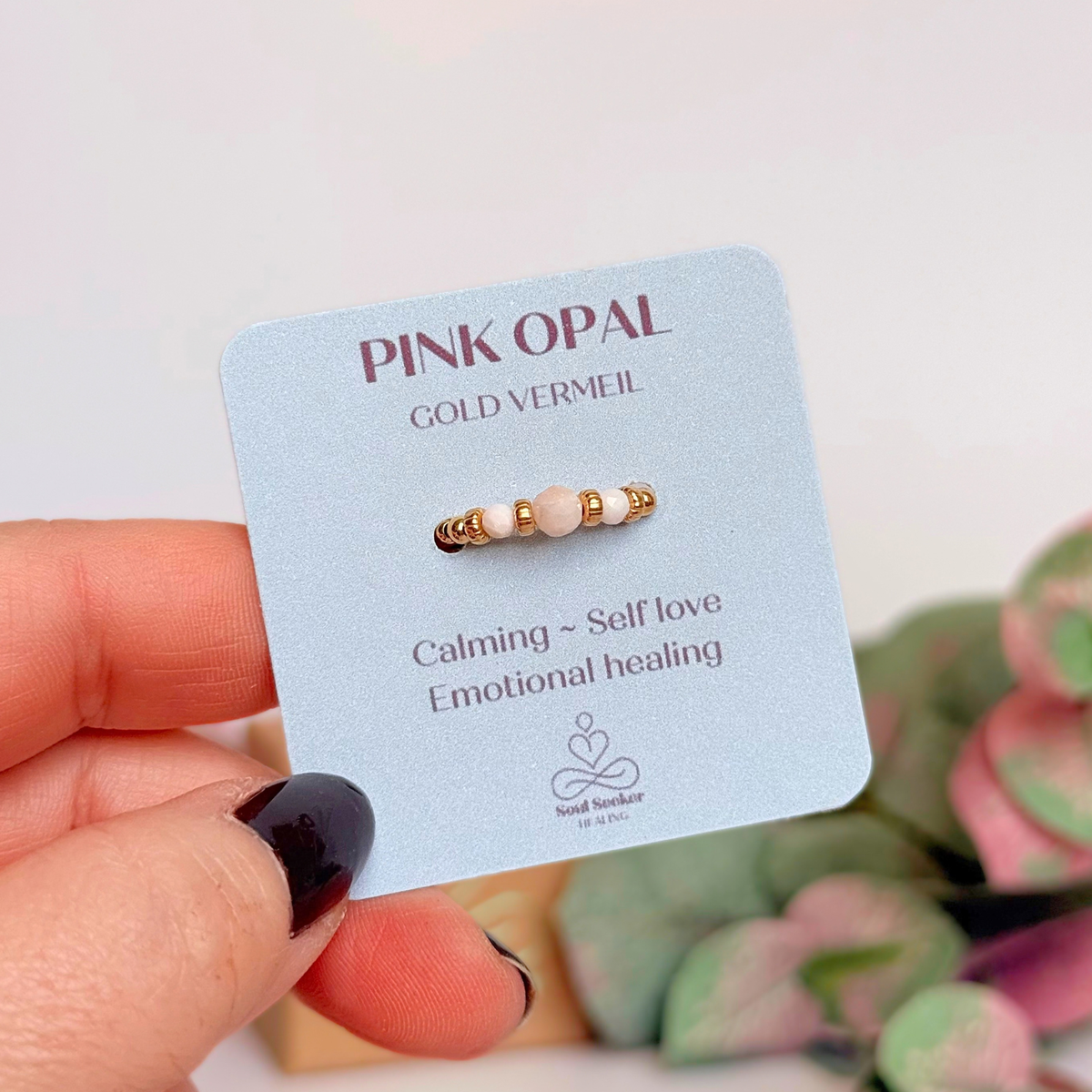 Pink Opal crystal trilogy gold vermeil ring