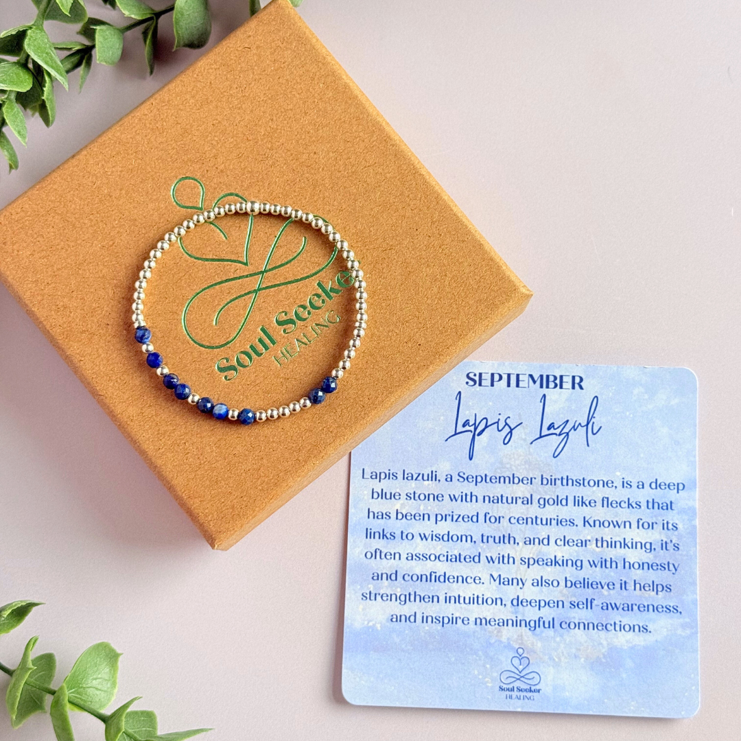 Morse code secret message bracelet spelling out your chosen name in sterling silver and lapis lazuli crystal beads. Elasticated with 4mm faceted lapis lazuli beads and 3mm sterling silver beads. Custom September birthstone bracelet.