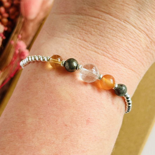 This sterling silver Aries bracelet is made with a selection of five healing crystals all believed to resonate with the Aries zodiac sign. The central bead is 8mm, the other four are 6mm. On an elasticated band of 3mm sterling silver beads with corrugated accent beads. Featuring carnelian, bloodstone, pyrite, clear quartz and citrine.