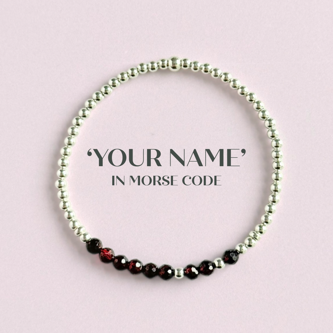 Garnet January Birthstone Morse Code Custom Made Sterling Silver Bracelet