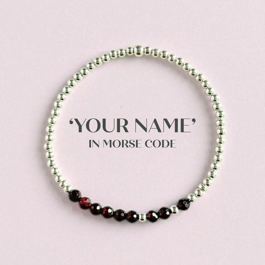 Garnet January Birthstone Morse Code Custom Made Sterling Silver Bracelet