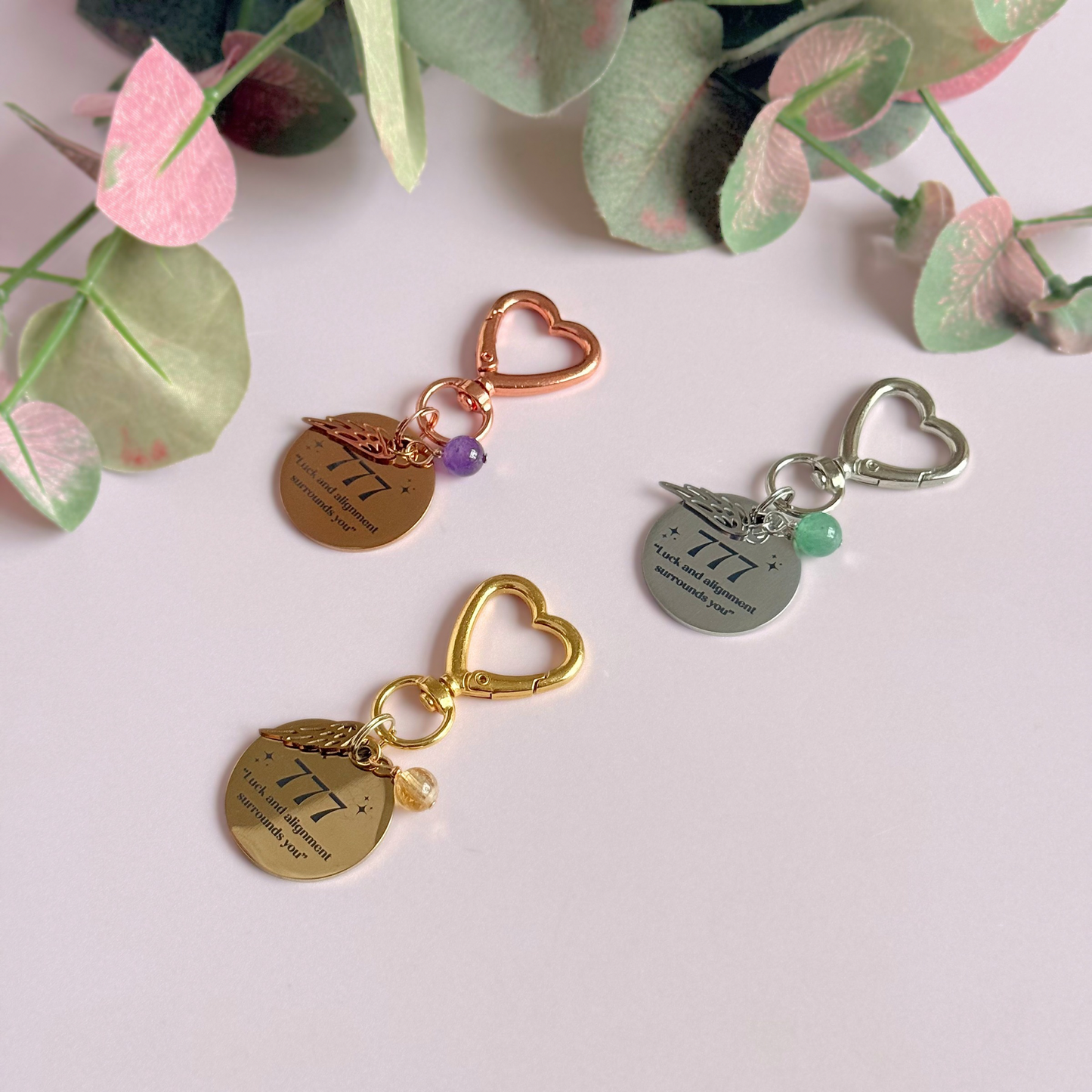 777 Angel Number Keyring / Bag Charm With Optional Crystal