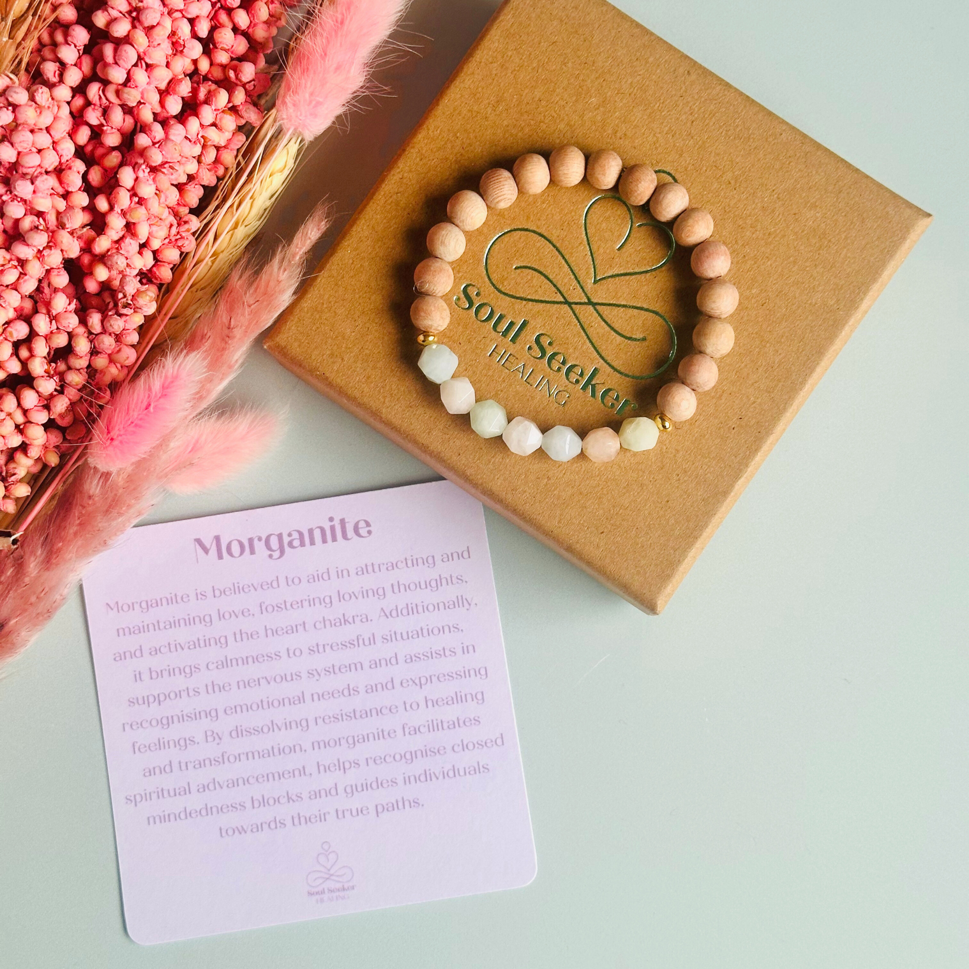 Morganite and raw rosewood elasticated essential oil diffuser bracelet. Made with 8mm star cut morganite beads, 8mm round raw rosewood beads and your choice of sterling silver, gold vermeil or rose gold vermeil spacer beads