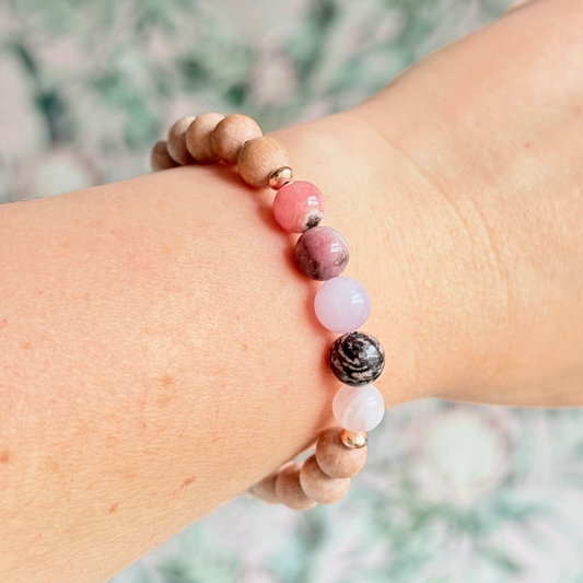 Essential oil diffuser bracelet, self love bracelet, crystal bracelet for self love, aromatherapy bracelet, crystal healing bracelet, rose quartz bracelet, kunzite bracelet, rhodonite bracelet,  rhodochrosite bracelet, rubellite bracelet