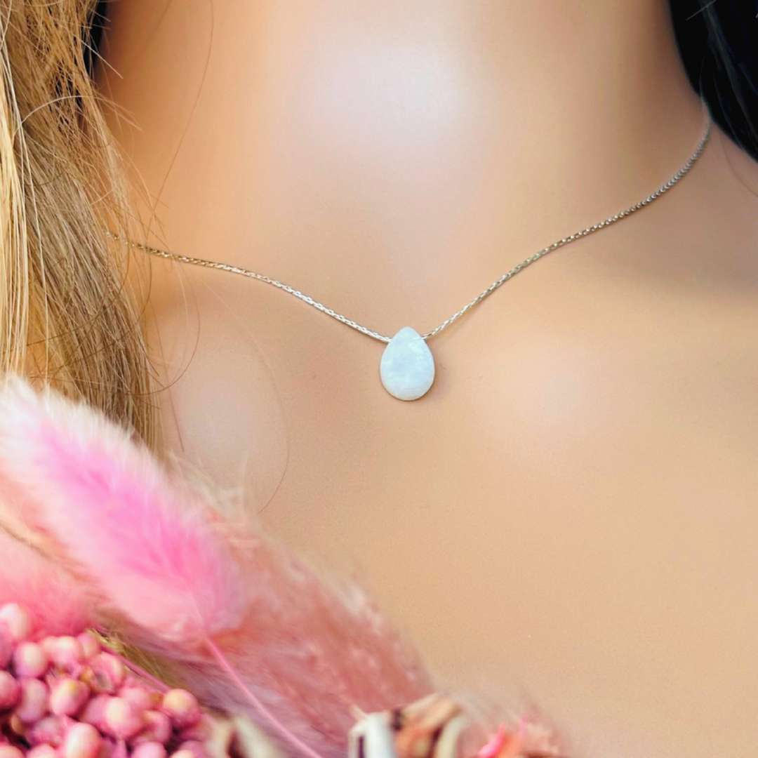 Dainty moonstone teardrop necklace featuring a 12x8mm faceted moonstone teardrop bead on a fine sterling silver cardano beading chain.