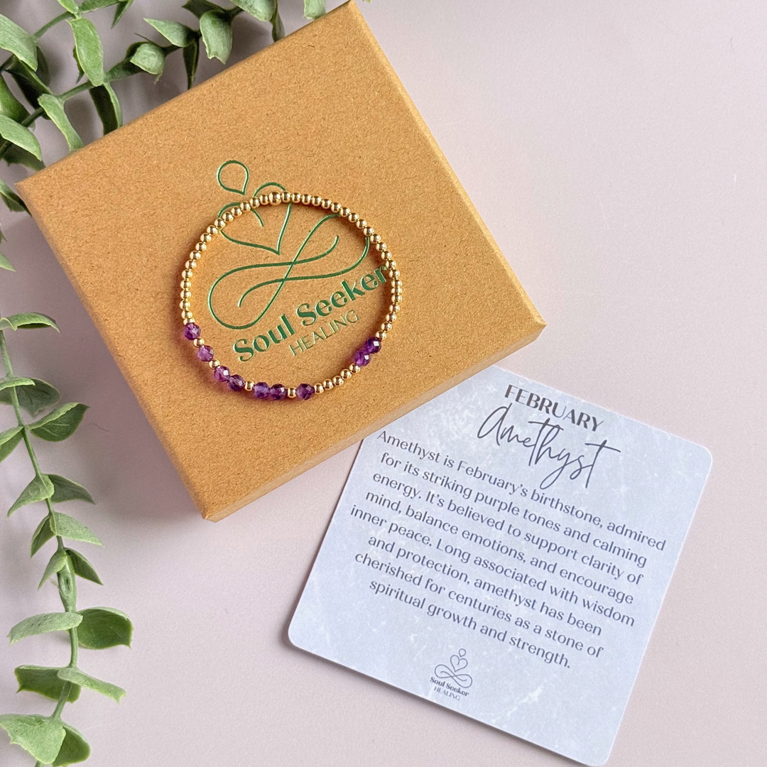Amethyst February Birthstone Bracelet. Morse Code Custom Name Gold Filled Bracelet