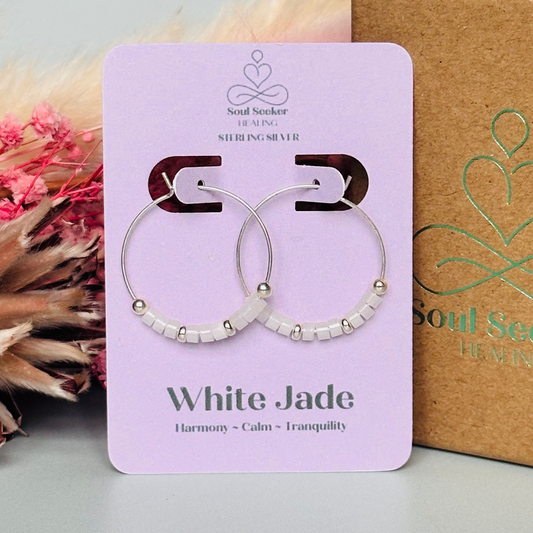 White jade sterling silver 25mm hoop earrings, white jade silver earrings