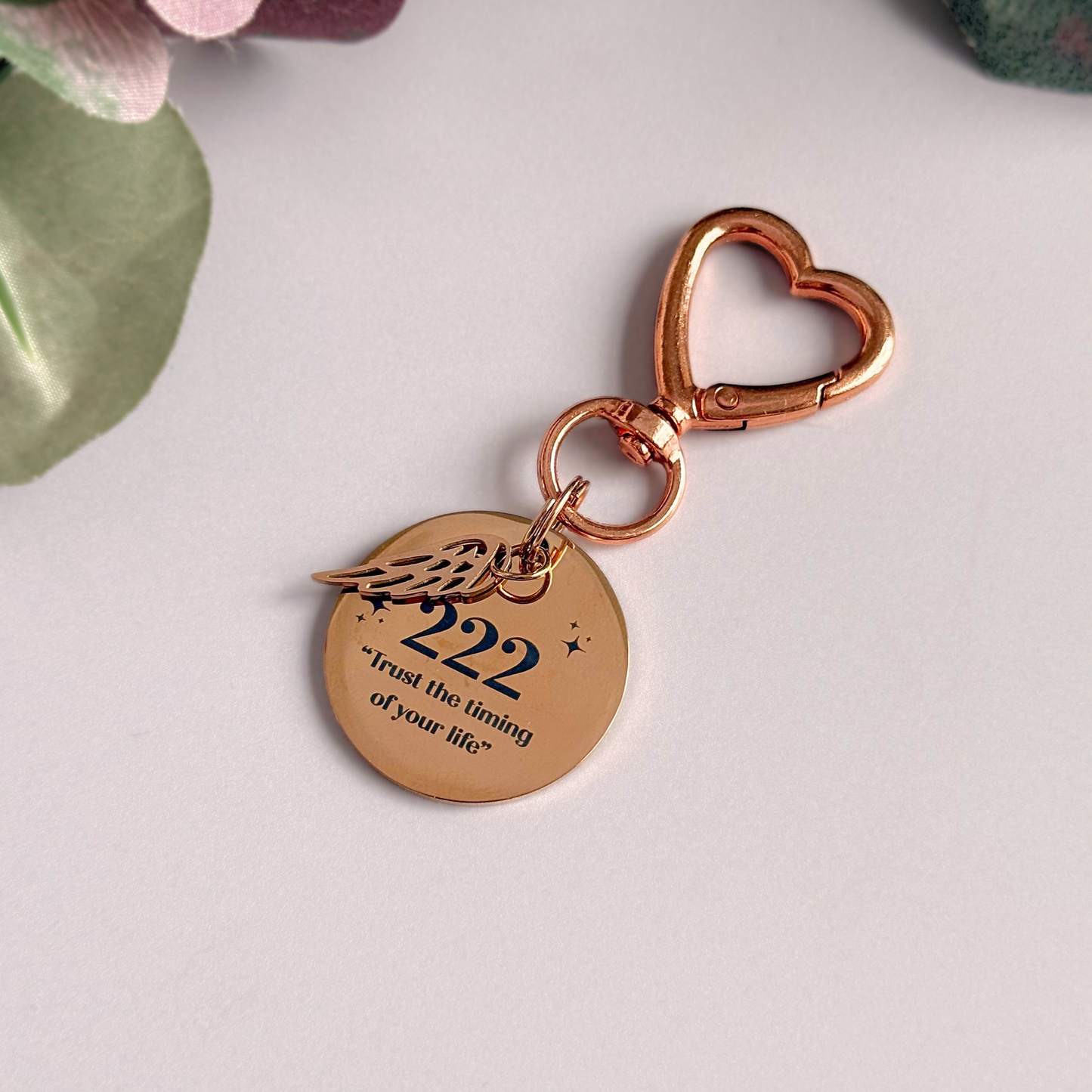 222 Angel Number Keyring / Bag Charm With Optional Crystal