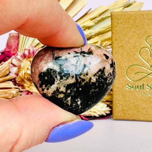 25mm genuine Rhodonite carved heart crystal for grief, self love and emotional healing