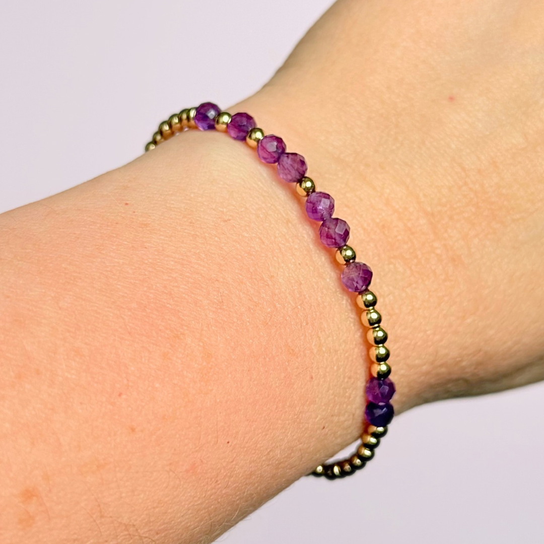 Amethyst February Birthstone Bracelet. Morse Code Custom Name Gold Filled Bracelet