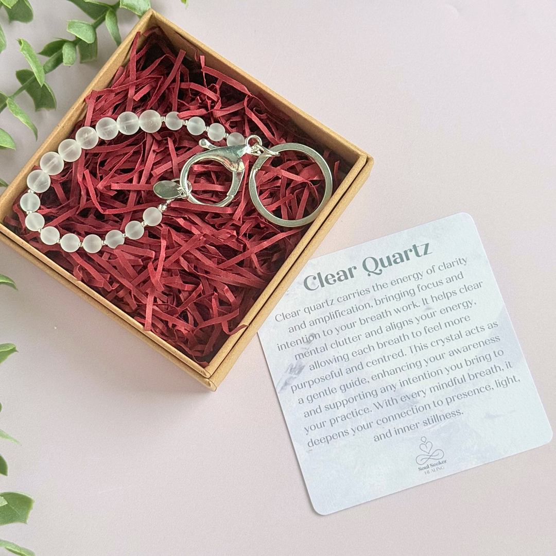 Clear Quartz 4-7-8 breath work beads. Crystal breathing keyring