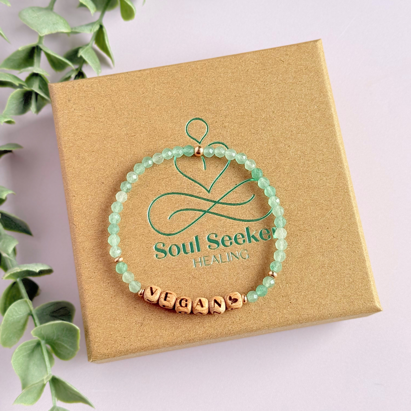 ‘Vegan’ green aventurine engraved word wooden letter bead bracelet