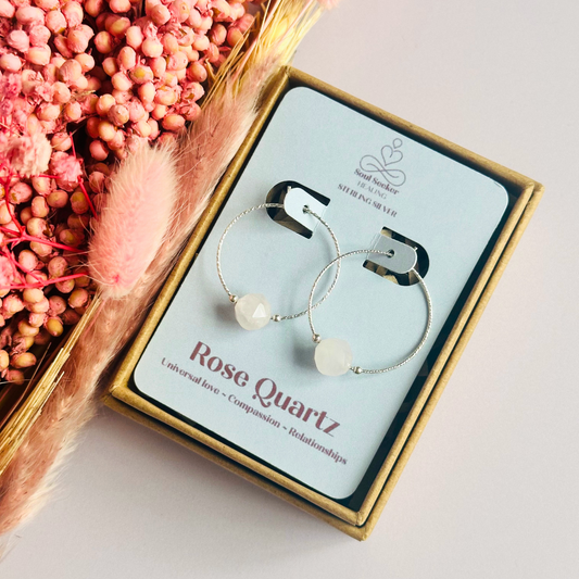 Rose Quartz sterling silver hoop earrings featuring 8mm star cut rose quartz beads on 25mm sparkle cut sterling silver hoops.￼