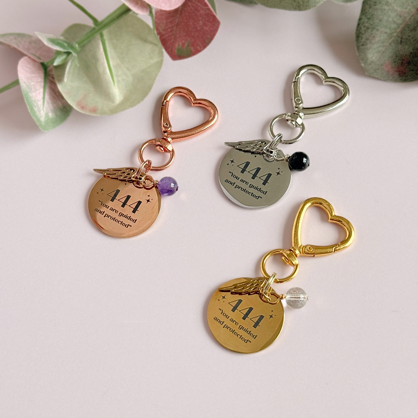 444 Angel Number Keyring / Bag Charm With Optional Crystal