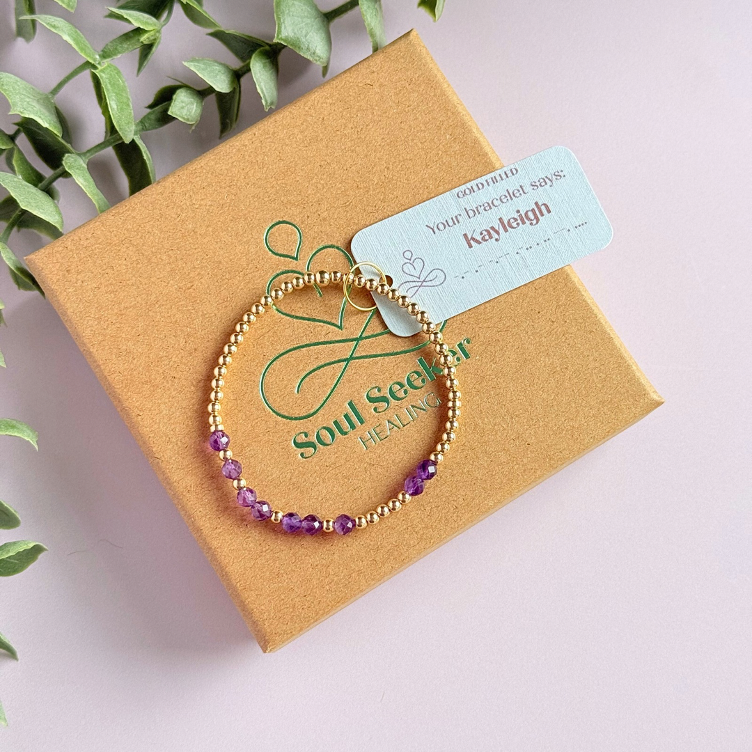 Amethyst February Birthstone Bracelet. Morse Code Custom Name Gold Filled Bracelet