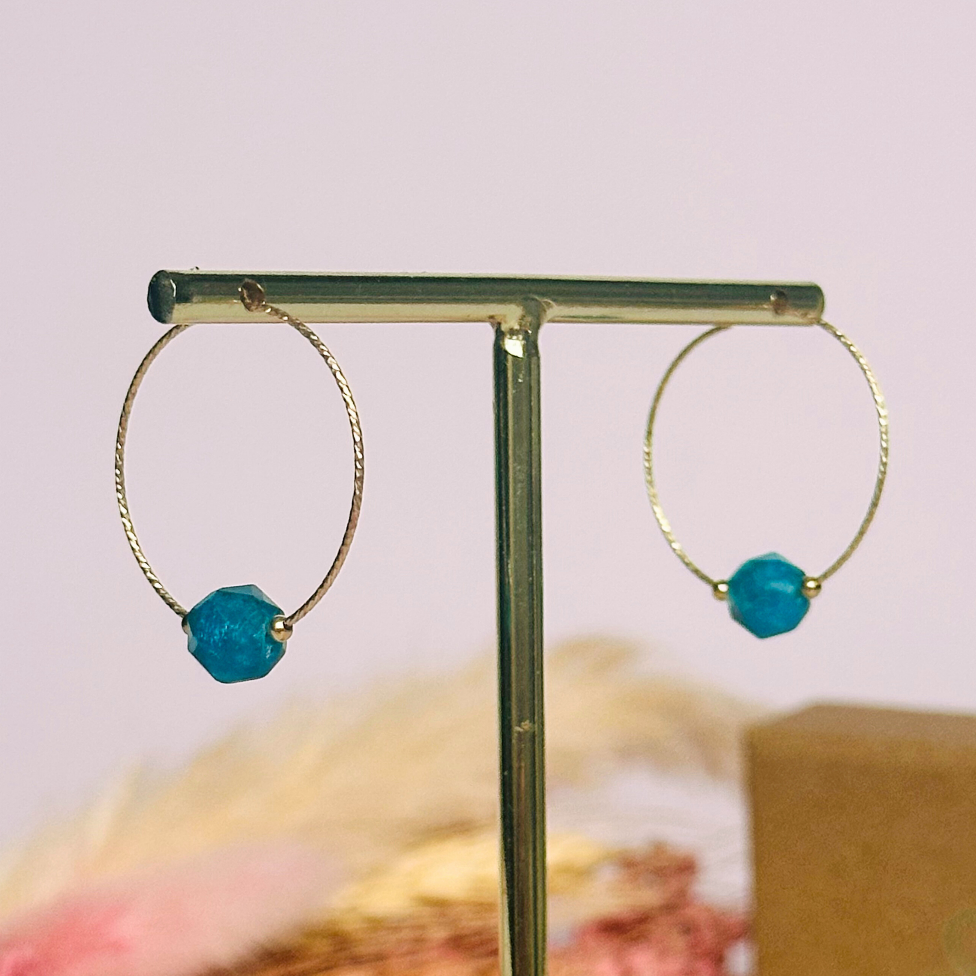 Gold filled apatite hoop earrings, crystal healing minimalist jewellery, teal blue genuine gemstone drop earrings, dainty dangly earrings
