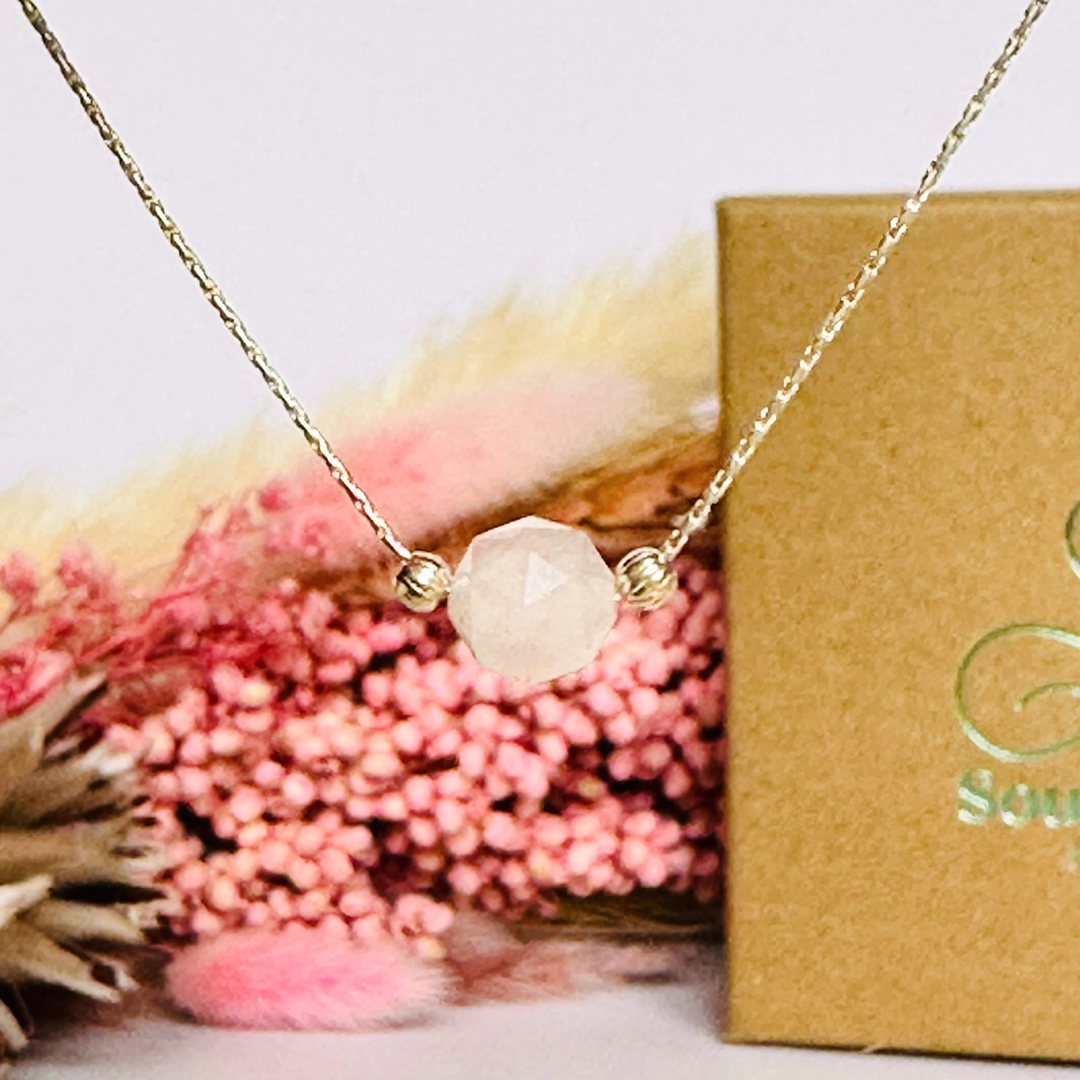 Rose quartz necklace featuring an 8mm star cut rose quartz bead with corrugated sterling silver beads on a delicate sterling silver cardano beading chain. The necklace fastens with a subtle yet secure sterling silver bolt clasp.