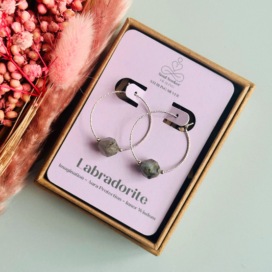 Sterling silver labradorite hoop earrings, crystal healing handmade jewellery, delicate genuine gemstone drop, dainty spiritual dangly