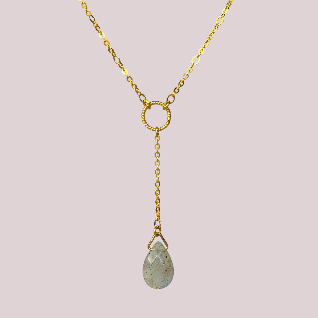 Labradorite necklace featuring a faceted labradorite teardrop bead on a delicate gold vermeil figaro chain with a twisted gold vermeil ring focal point. The necklace fastens with a subtle yet secure gold vermeil bolt clasp. The teardrop bead measures 12mm x 8mm.