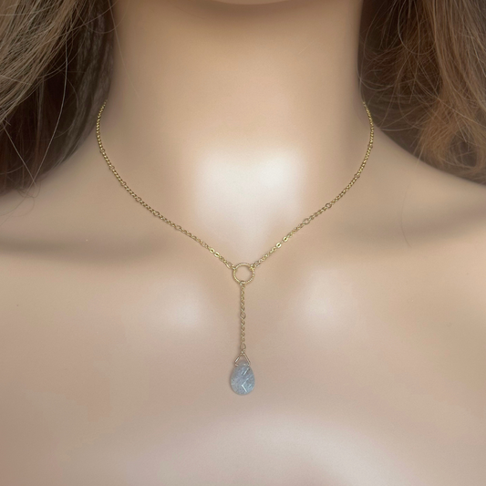 Labradorite necklace featuring a faceted labradorite teardrop bead on a delicate gold vermeil figaro chain with a twisted gold vermeil ring focal point. The necklace fastens with a subtle yet secure gold vermeil bolt clasp. The teardrop bead measures 12mm x 8mm.