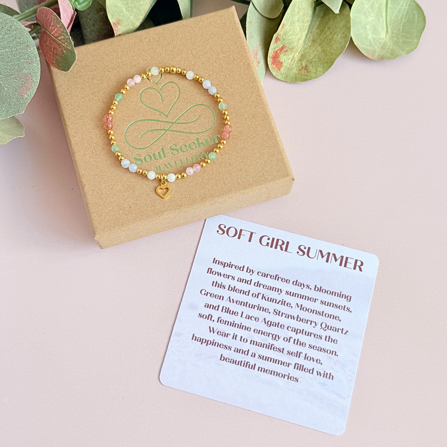 'Soft girl summer' gold vermeil dainty beaded bracelet with Kunzite, moonstone, green aventurine, blue lace agate and strawberry quartz . With a beautiful open heart charm.Made with round 3mm gold vermeil beads and 4mm smooth and faceted round crystal gemstone beads. Pictured on the gift box with the crystal information card