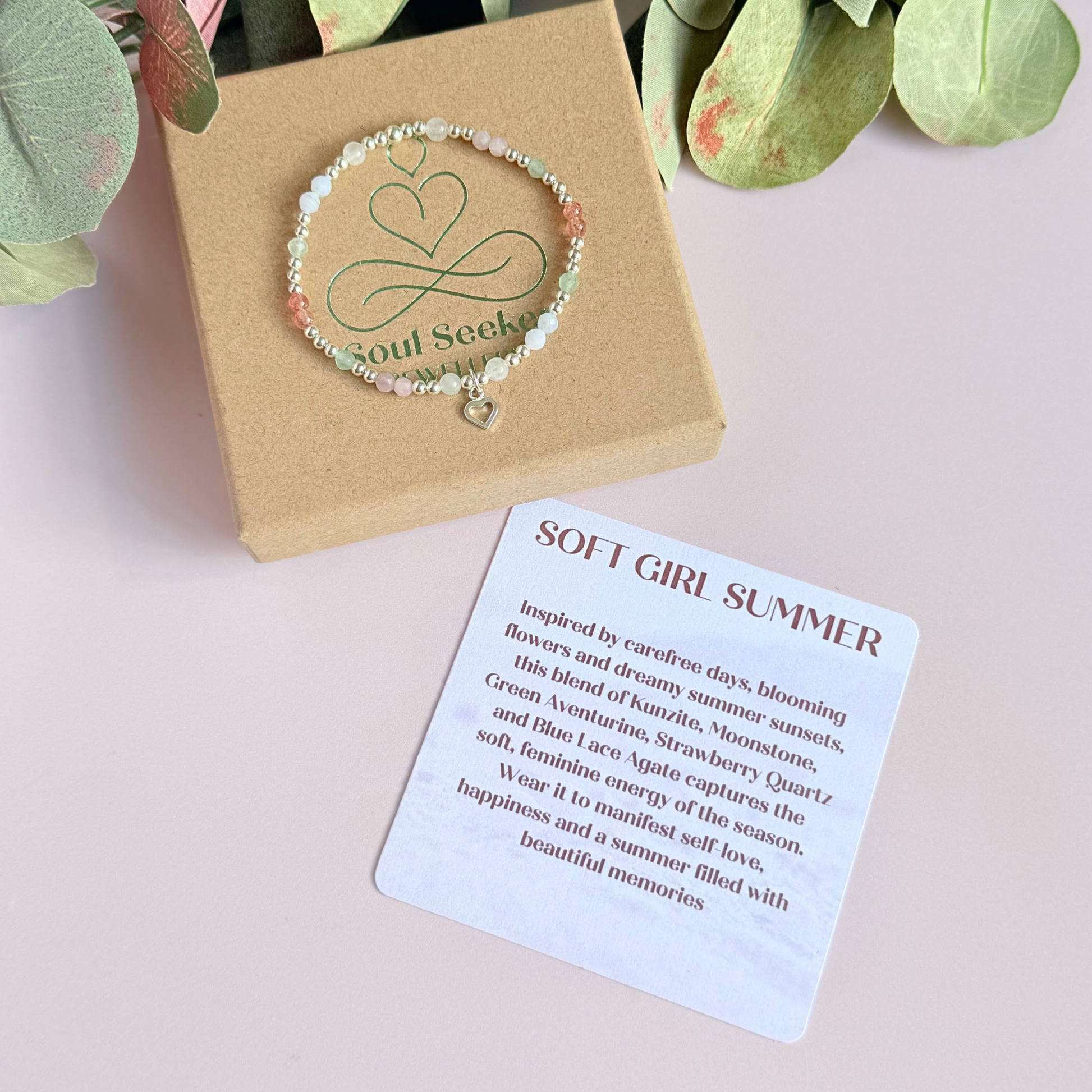 'Soft girl summer' sterling silver dainty beaded bracelet with Kunzite, moonstone, green aventurine, blue lace agate and strawberry quartz . With a beautiful open heart charm.Made with round 3mm sterling silver beads and 4mm smooth and faceted round crystal gemstone beads. Pictured on the box with the crystal information card.