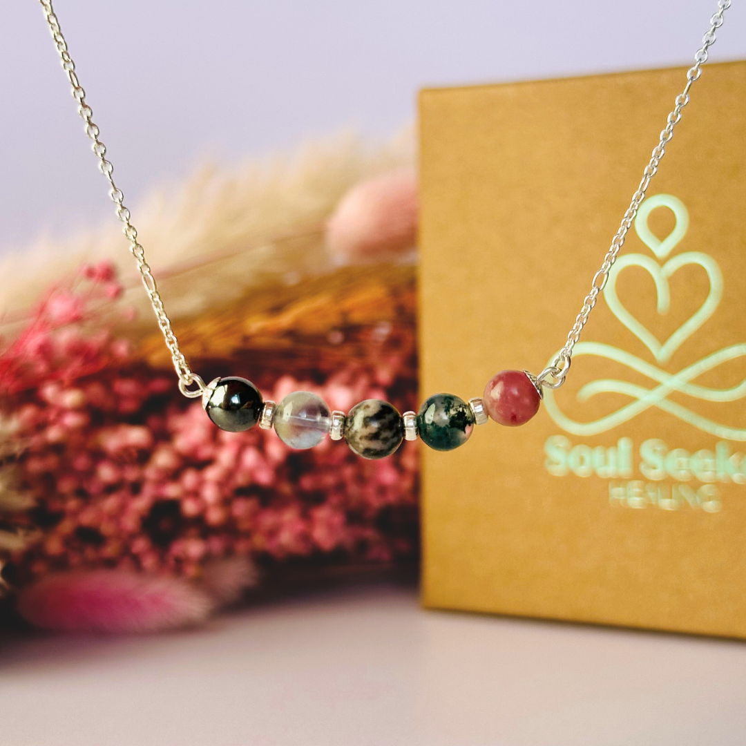 A dainty focus crystal necklace made with a selection of five healing crystals all believed to help you stay focused. On a fine, sterling silver figaro chain, which fastens with a sterling silver bolt clasp. Featuring corrugated sterling silver spacer beads and accented with daisy shaped bead caps.