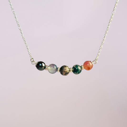 A dainty focus crystal necklace made with a selection of five healing crystals all believed to help you stay focused. On a fine, sterling silver figaro chain, which fastens with a sterling silver bolt clasp. Featuring corrugated sterling silver spacer beads and accented with daisy shaped bead caps.