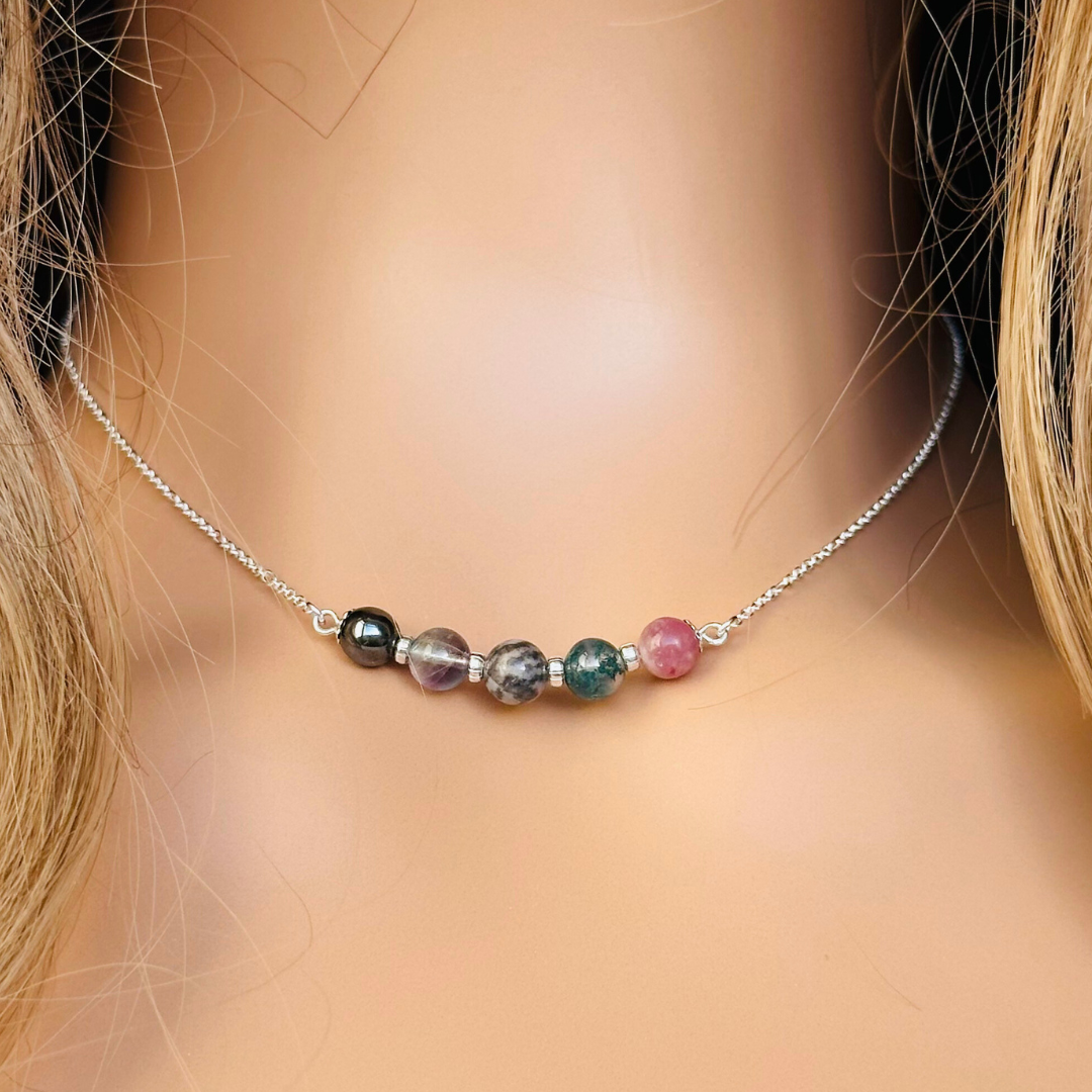 A dainty focus crystal necklace made with a selection of five healing crystals all believed to help you stay focused. On a fine, sterling silver figaro chain, which fastens with a sterling silver bolt clasp. Featuring corrugated sterling silver spacer beads and accented with daisy shaped bead caps.
