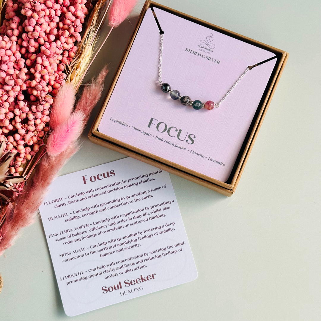 A dainty focus crystal necklace made with a selection of five healing crystals all believed to help you stay focused. On a fine, sterling silver figaro chain, which fastens with a sterling silver bolt clasp. Featuring corrugated sterling silver spacer beads and accented with daisy shaped bead caps.