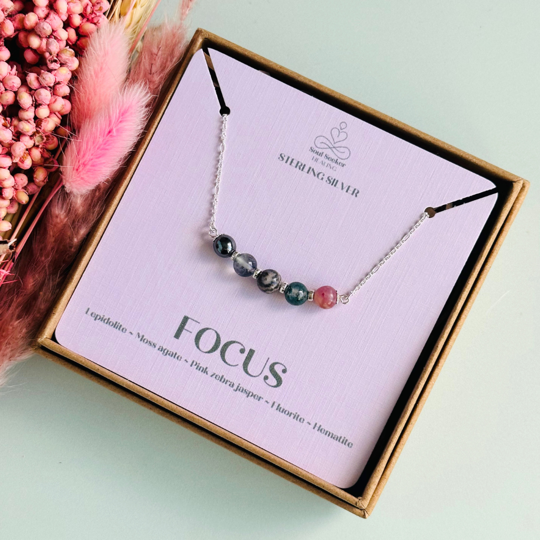A dainty focus crystal necklace made with a selection of five healing crystals all believed to help you stay focused. On a fine, sterling silver figaro chain, which fastens with a sterling silver bolt clasp. Featuring corrugated sterling silver spacer beads and accented with daisy shaped bead caps.