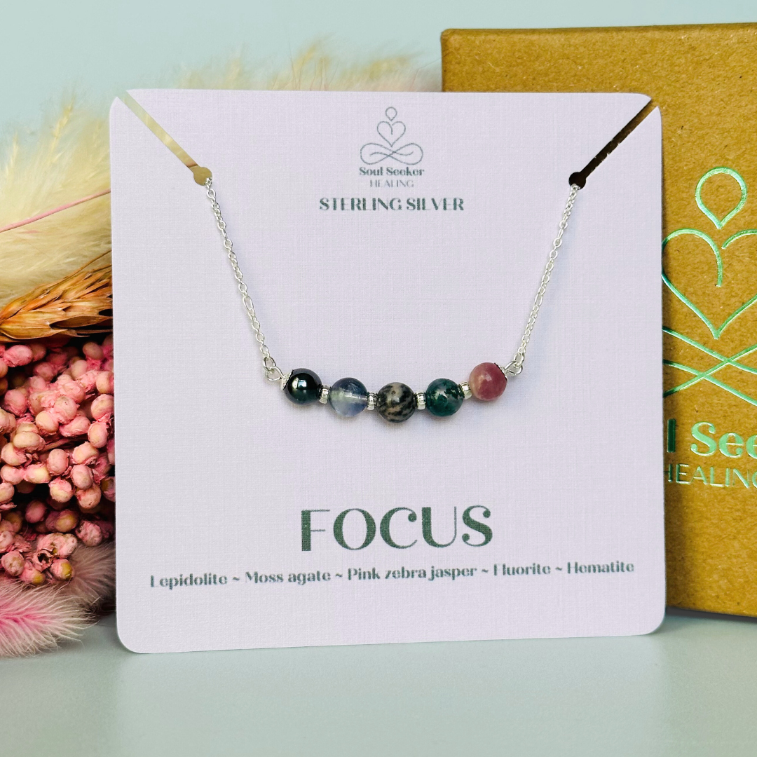A dainty focus crystal necklace made with a selection of five healing crystals all believed to help you stay focused. On a fine, sterling silver figaro chain, which fastens with a sterling silver bolt clasp. Featuring corrugated sterling silver spacer beads and accented with daisy shaped bead caps.