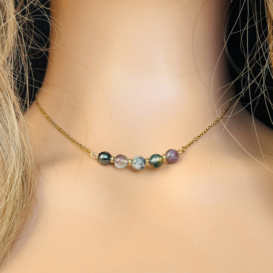 A dainty focus crystal necklace made with a selection of five healing crystals all believed to help you stay focused. On a fine, gold vermeil figaro chain, which fastens with a gold vermeil bolt clasp. Featuring corrugated gold vermeil spacer beads and accented with daisy shaped bead caps.