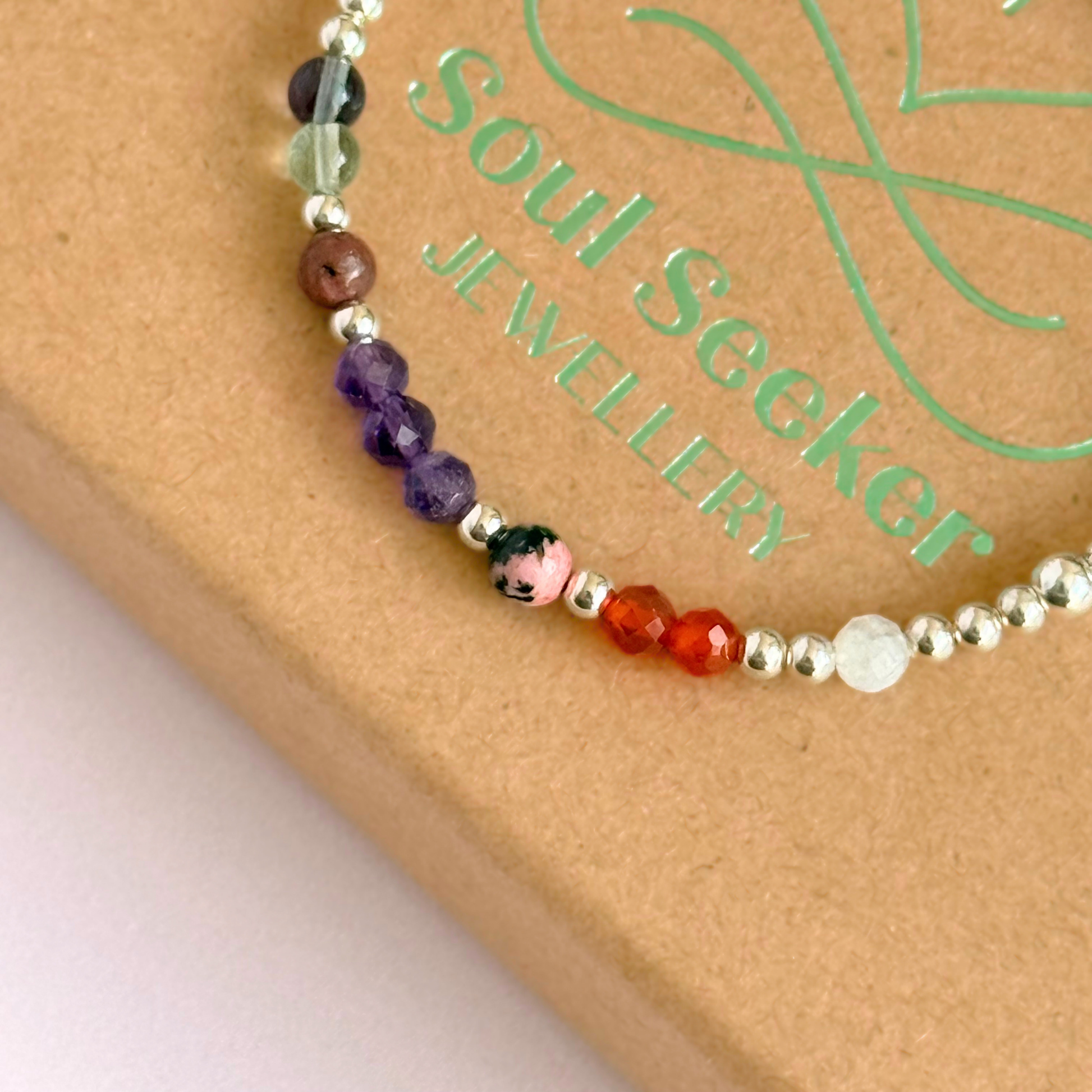 Dainty sterling silver crystal bracelet featuring five crystals, in 4mm faceted and smooth round style, each believed to help with perimenopause symptoms. Featuring amethyst, rhodonite, fluorite, moonstone and carnelian. Close up picture on top of the gift box.