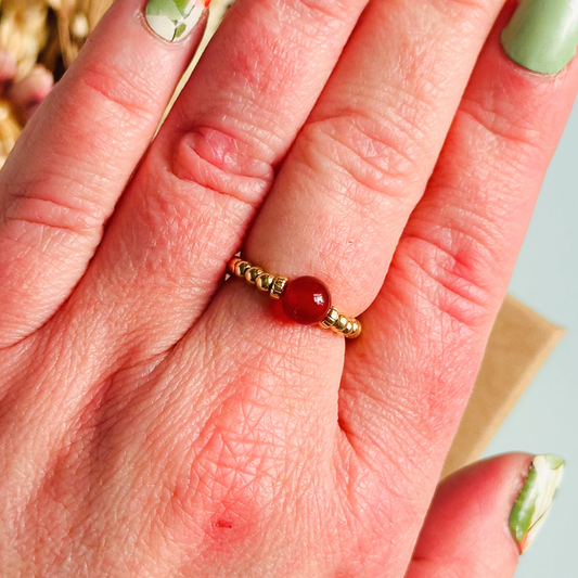 Gold carnelian ring, stretchy gold ring, carnelian ring, july birthstone ring, carnelian ring gold, crystal healing ring