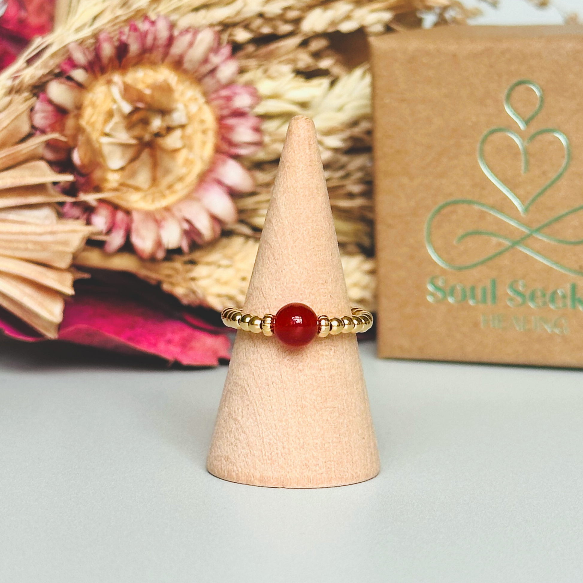 Gold carnelian ring, stretchy gold ring, carnelian ring, july birthstone ring, carnelian ring gold, crystal healing ring