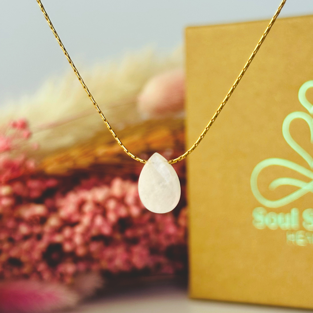 Dainty moonstone teardrop necklace featuring a 12x8mm faceted moonstone teardrop bead on a fine gold vermeil cardano beading chain.