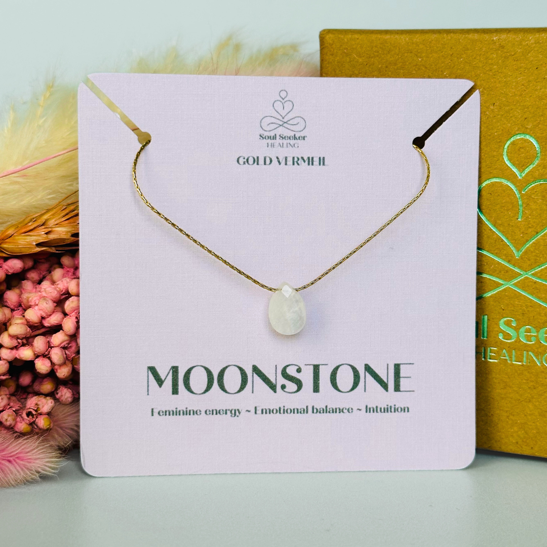 Dainty moonstone teardrop necklace featuring a 12x8mm faceted moonstone teardrop bead on a fine gold vermeil cardano beading chain.