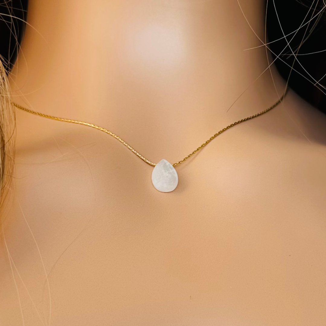 Dainty moonstone teardrop necklace featuring a 12x8mm faceted moonstone teardrop bead on a fine gold vermeil cardano beading chain.