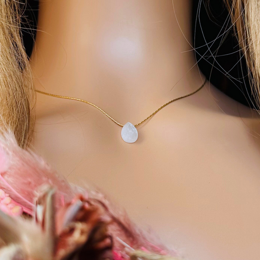 Dainty moonstone teardrop necklace featuring a 12x8mm faceted moonstone teardrop bead on a fine gold vermeil cardano beading chain.