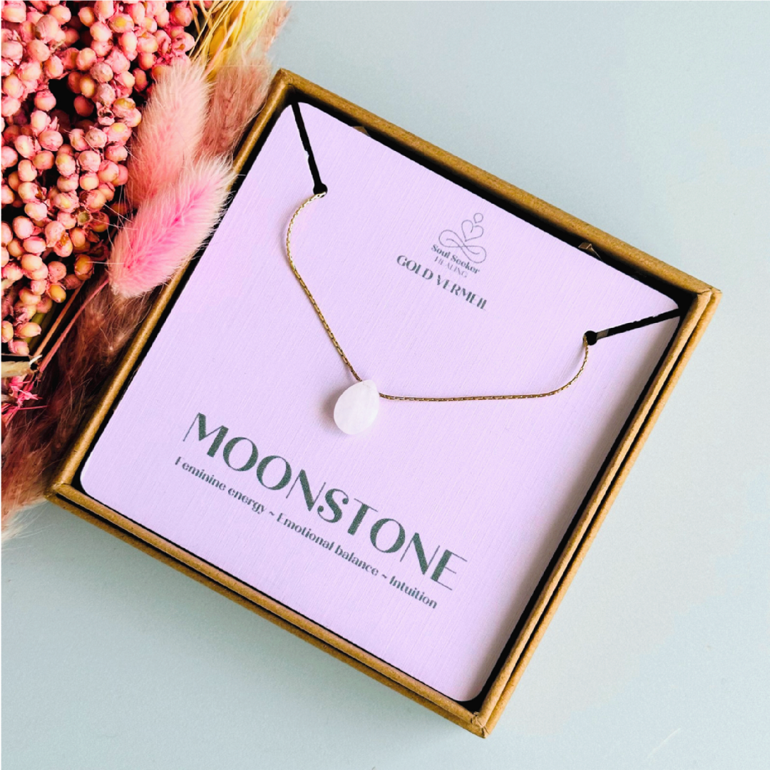 Dainty moonstone teardrop necklace featuring a 12x8mm faceted moonstone teardrop bead on a fine gold vermeil cardano beading chain.