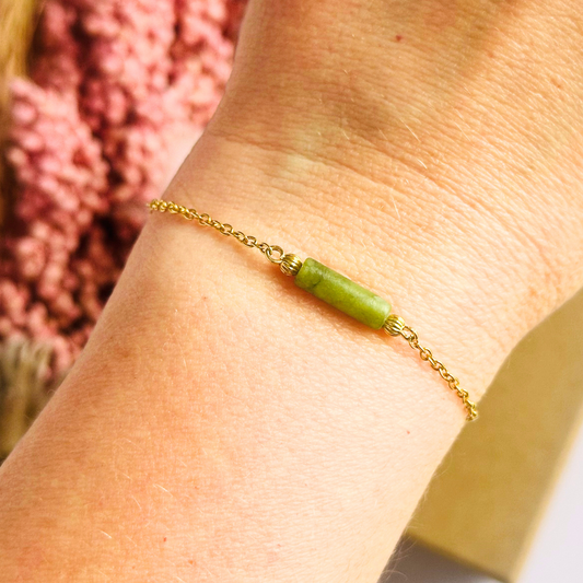 Dainty gold vermeil chain bracelet featuring a delicate green jade tube bead.