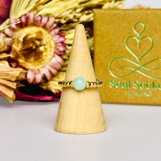 Gold aquamarine ring, stretchy gold ring, aquamarine ring, march birthstone ring, aquamarine ring gold, crystal healing ring
