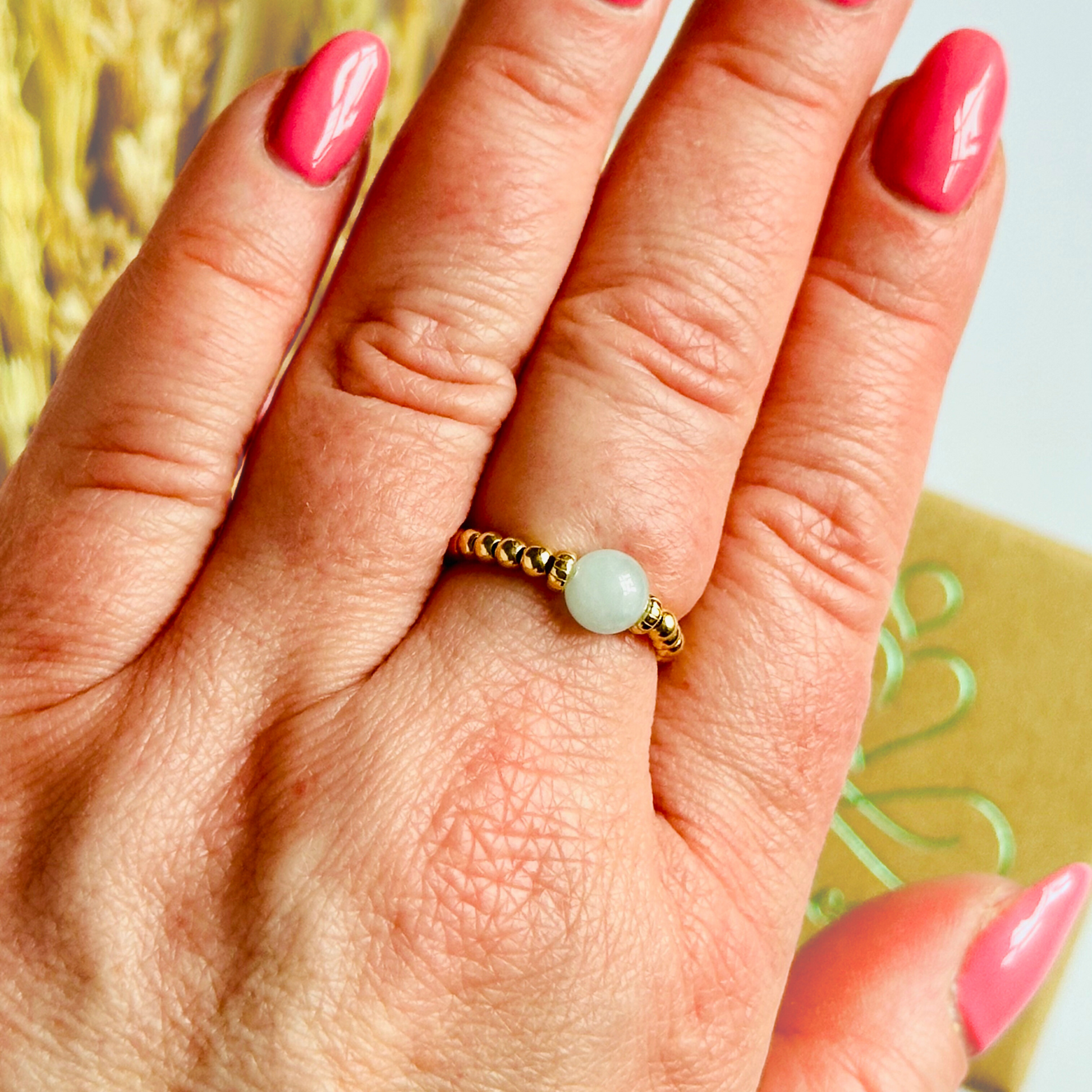 Gold aquamarine ring, stretchy gold ring, aquamarine ring, march birthstone ring, aquamarine ring gold, crystal healing ring
