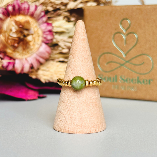 Jade ring, jade gold ring, gold jade ring, gold vermeil jade ring, natural jade ring, crystal healing ring, stretch ring, elastic ring
