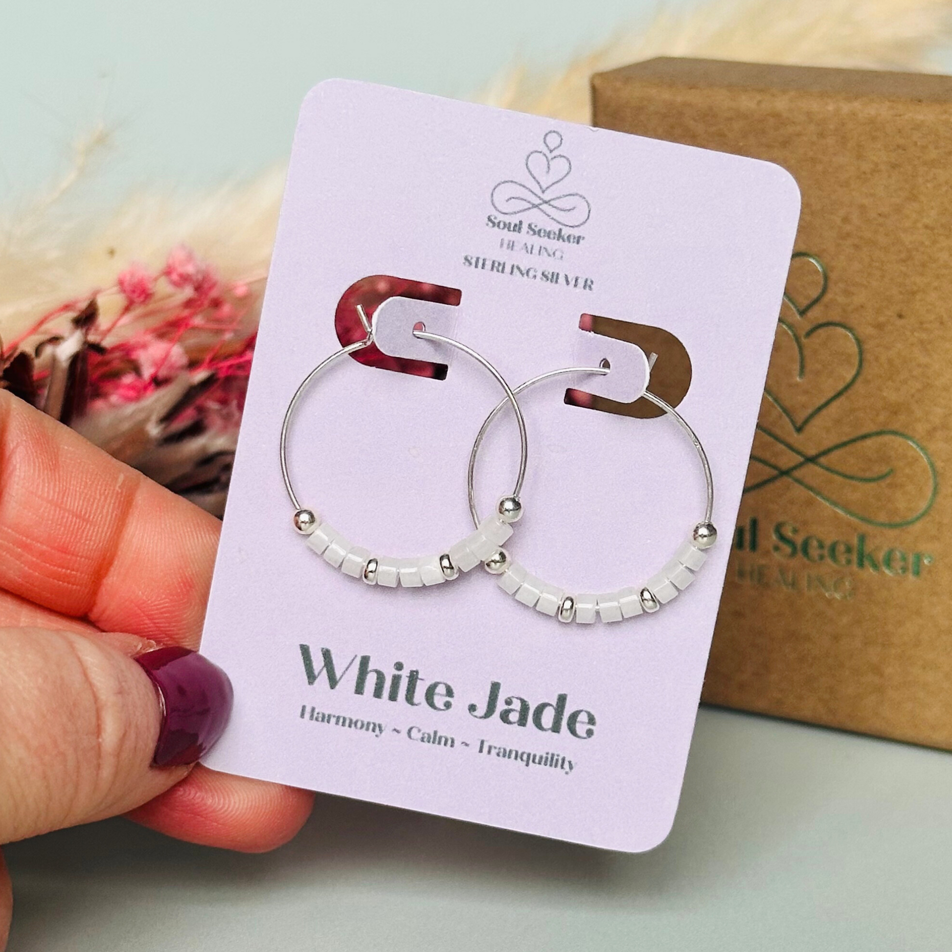 White jade sterling silver 25mm hoop earrings, white jade silver earrings