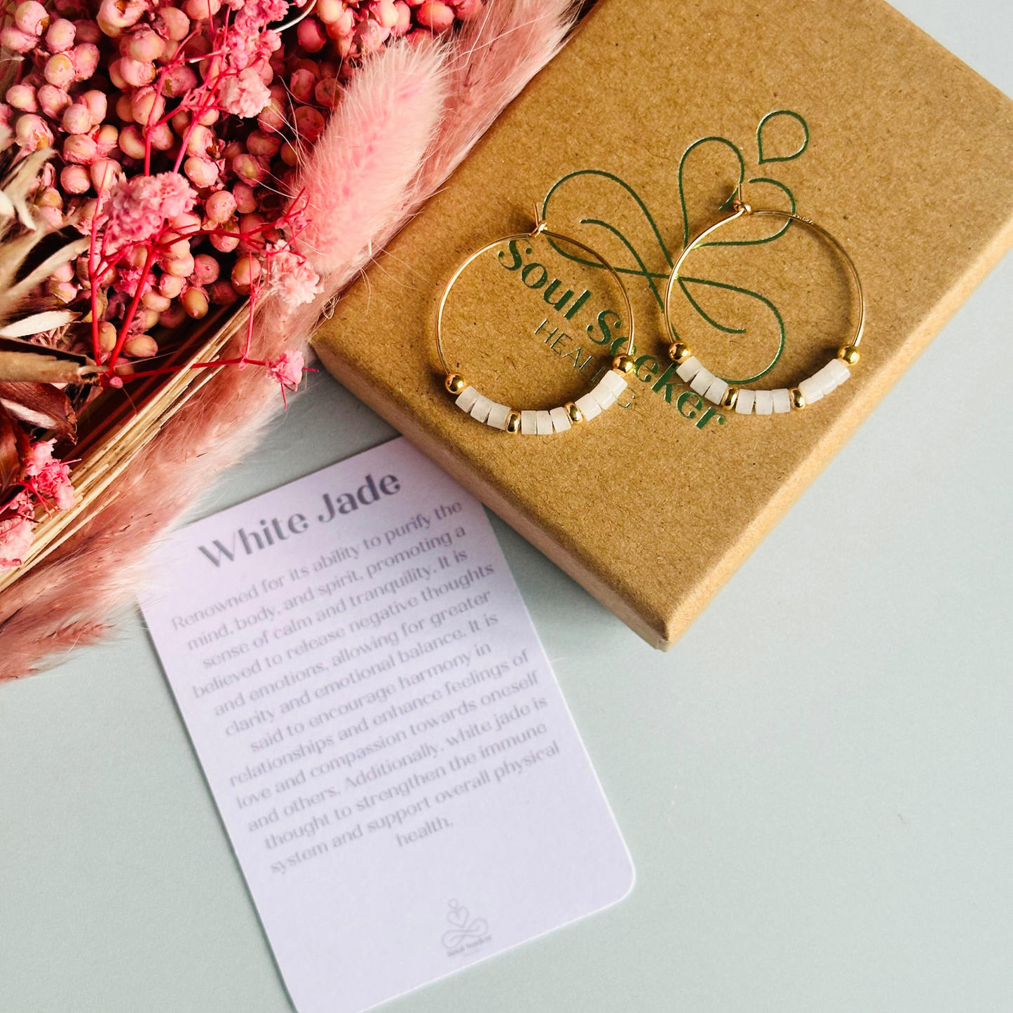 White jade 25mm gold filled hoop earrings with white jade heishi beads, white jade earrings