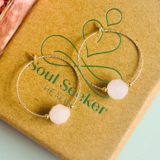Rose Quartz gold filled hoop earrings featuring 8mm star cut rose quartz beads on 25mm sparkle cut gold filled hoops.